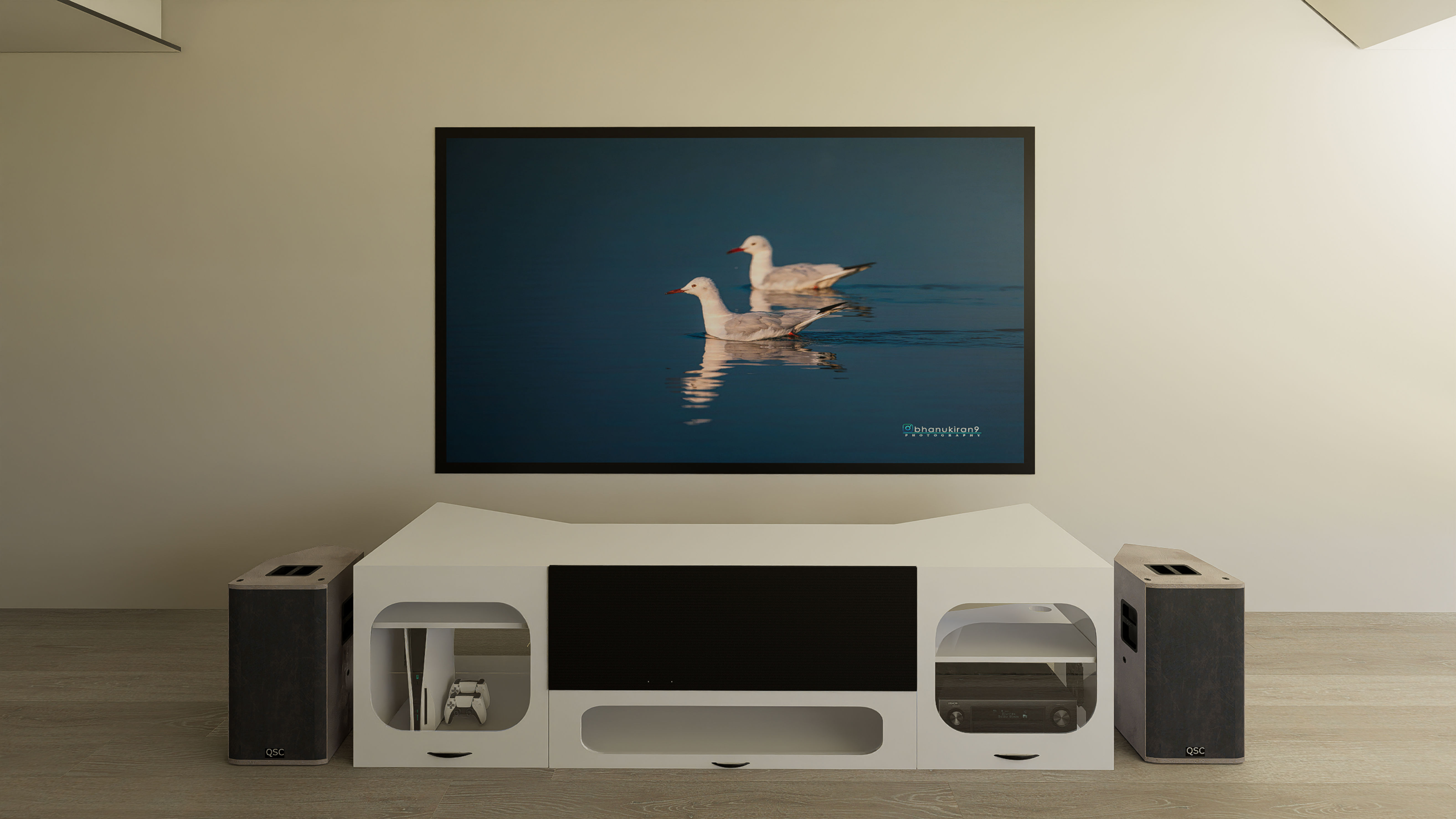 High Profile White Cabinet designed for integrating Ultra Short Throw Projector,Center Channel and Fixed screen with elegant doors.