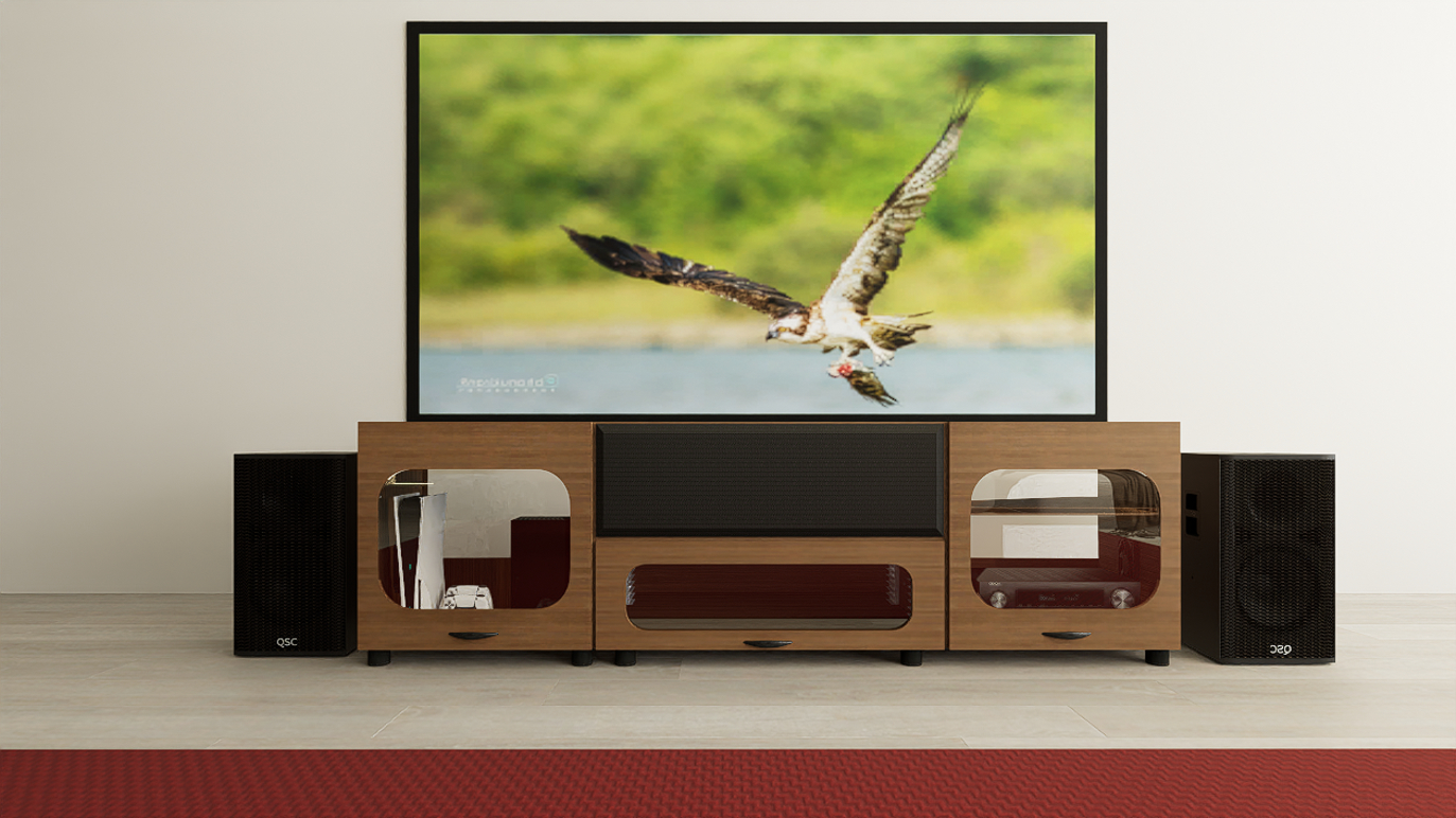 High Profile Sierra walnut Cabinet designed for integrating Ultra Short Throw Projector,Center Channel and Fixed screen with elegant doors.