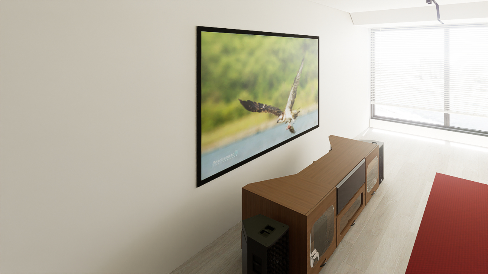High Profile Sierra walnut Cabinet designed for integrating Ultra Short Throw Projector,Center Channel and Fixed screen with elegant doors.