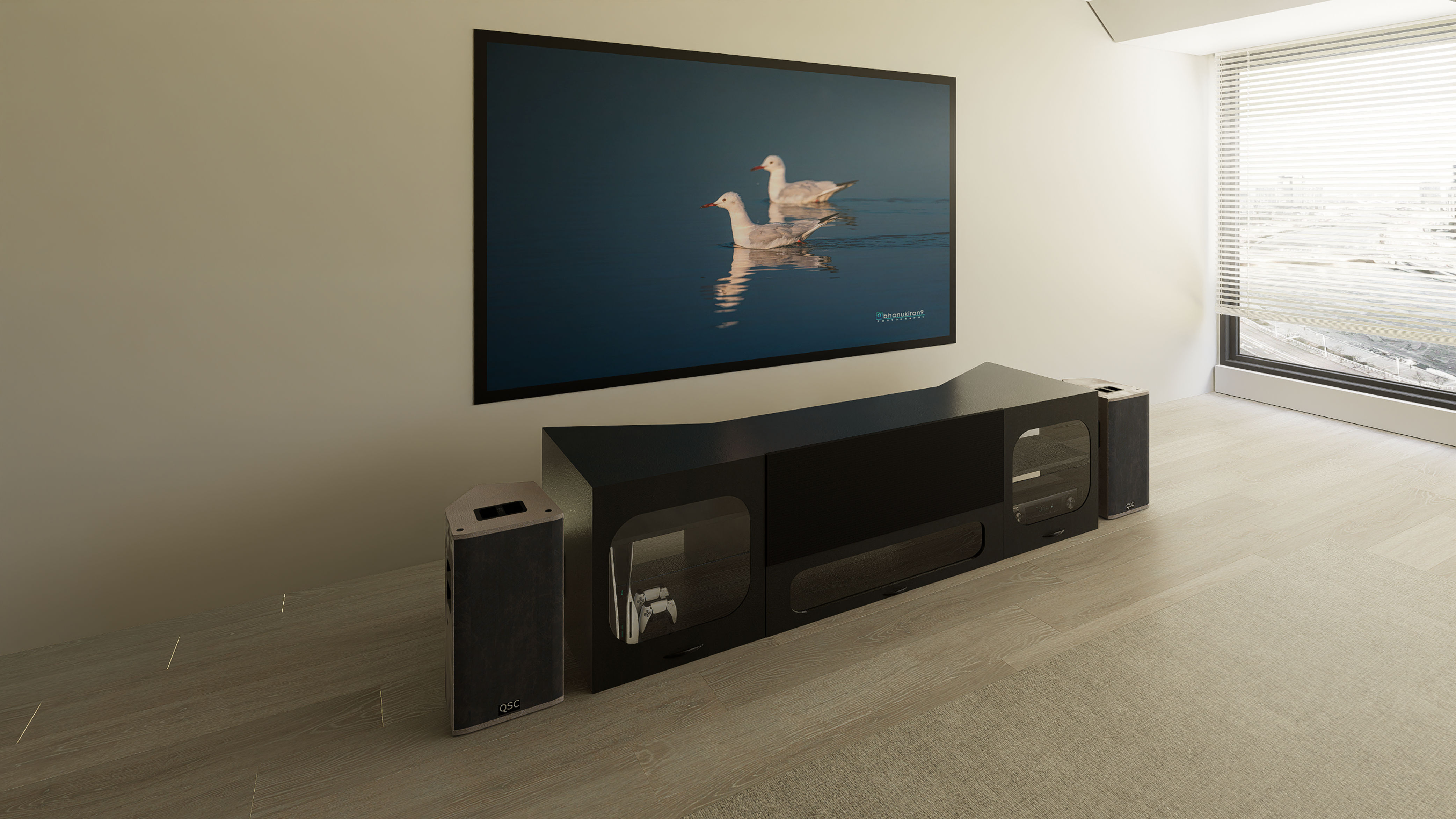 High Profile Black Cabinet designed for integrating Ultra Short Throw Projector,Center Channel and Fixed screen with elegant doors.