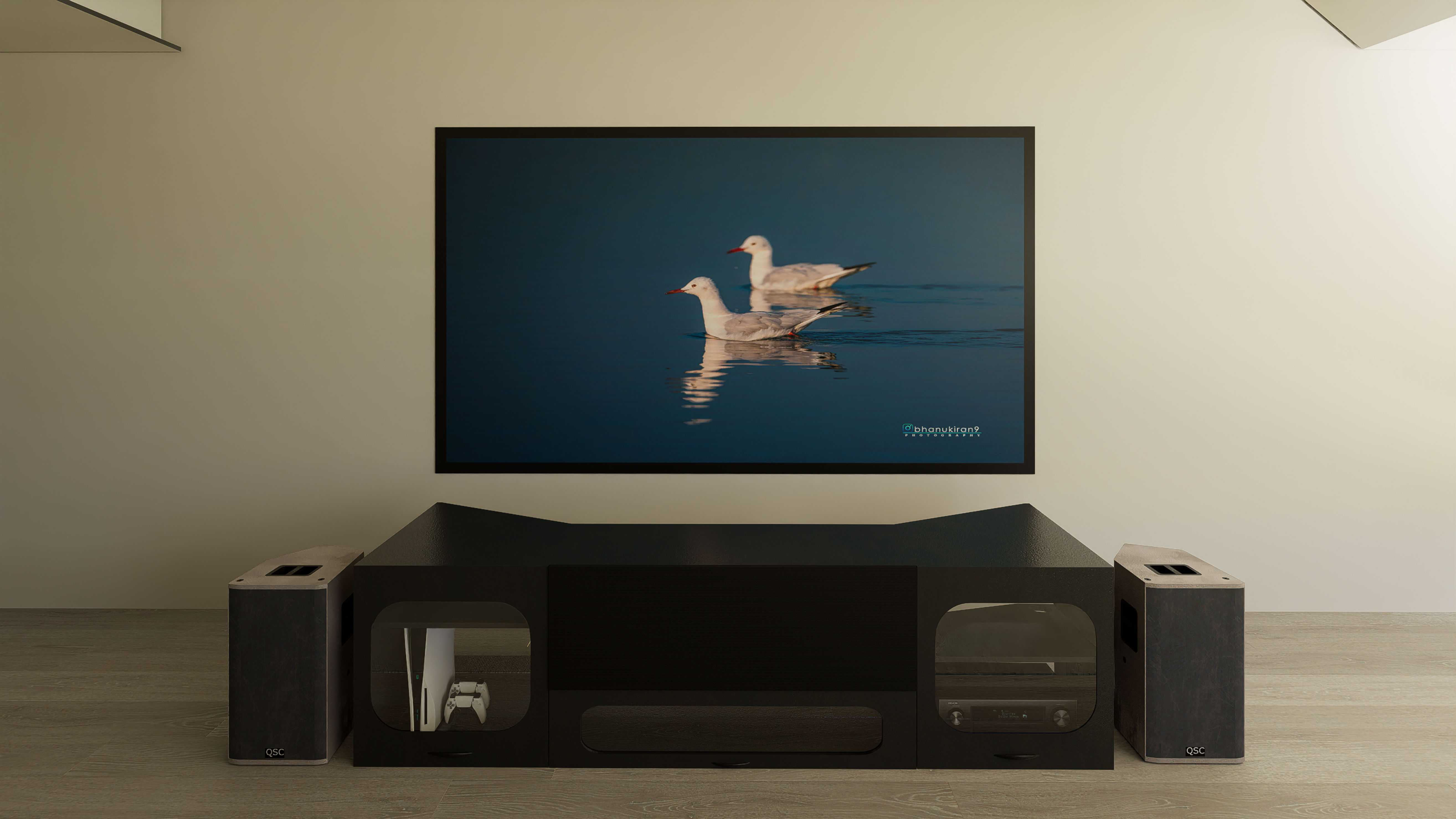 High Profile Black Cabinet designed for integrating Ultra Short Throw Projector,Center Channel and Fixed screen with elegant doors.