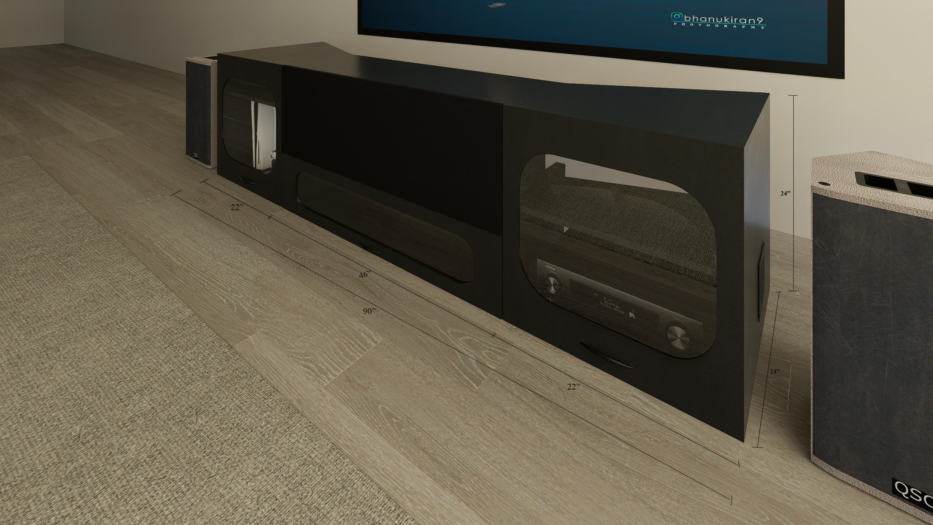 High Profile Black Cabinet designed for integrating Ultra Short Throw Projector,Center Channel and Fixed screen with elegant doors.