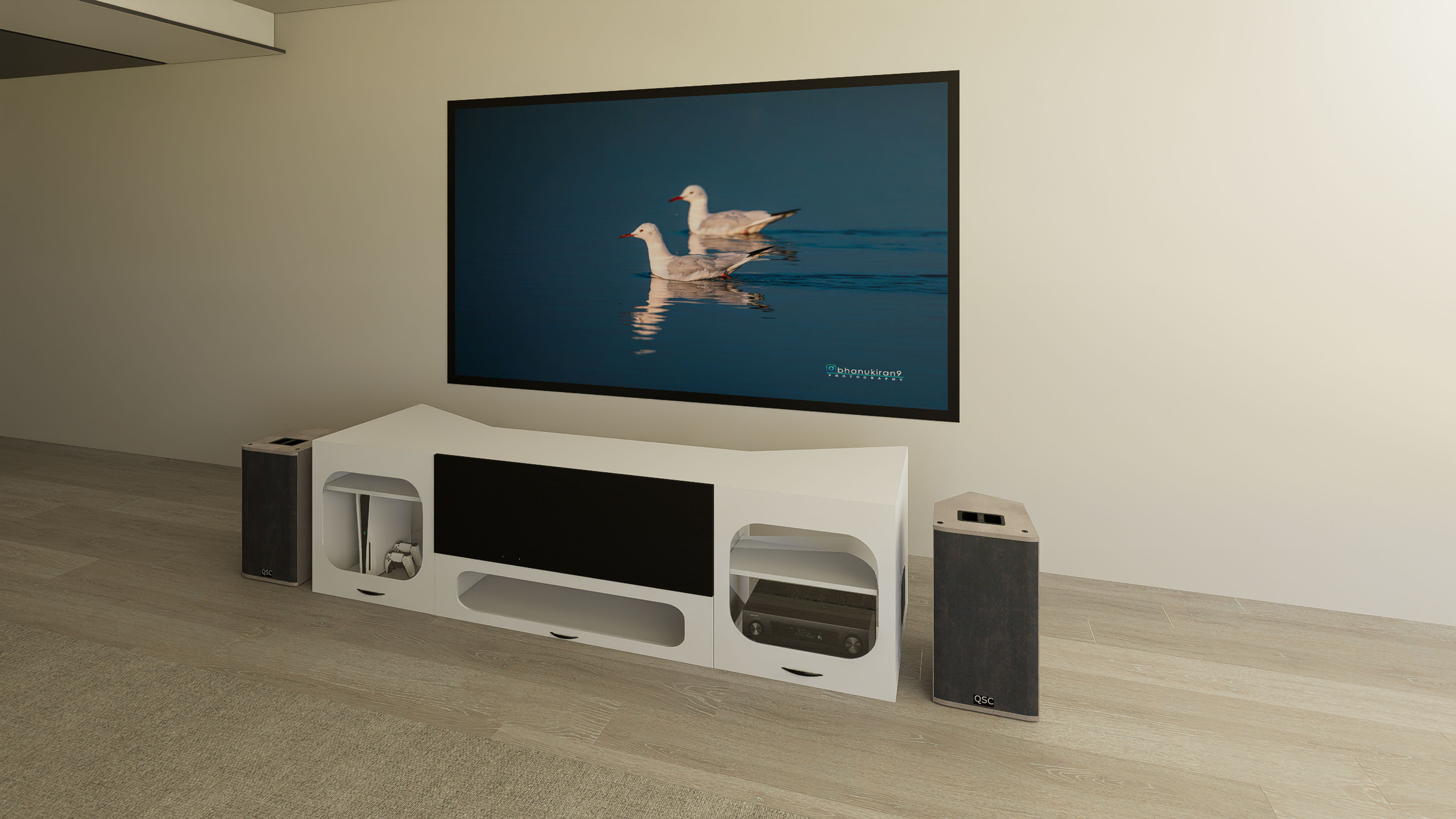 High Profile White Cabinet designed for integrating Ultra Short Throw Projector,Center Channel and Fixed screen with elegant doors.