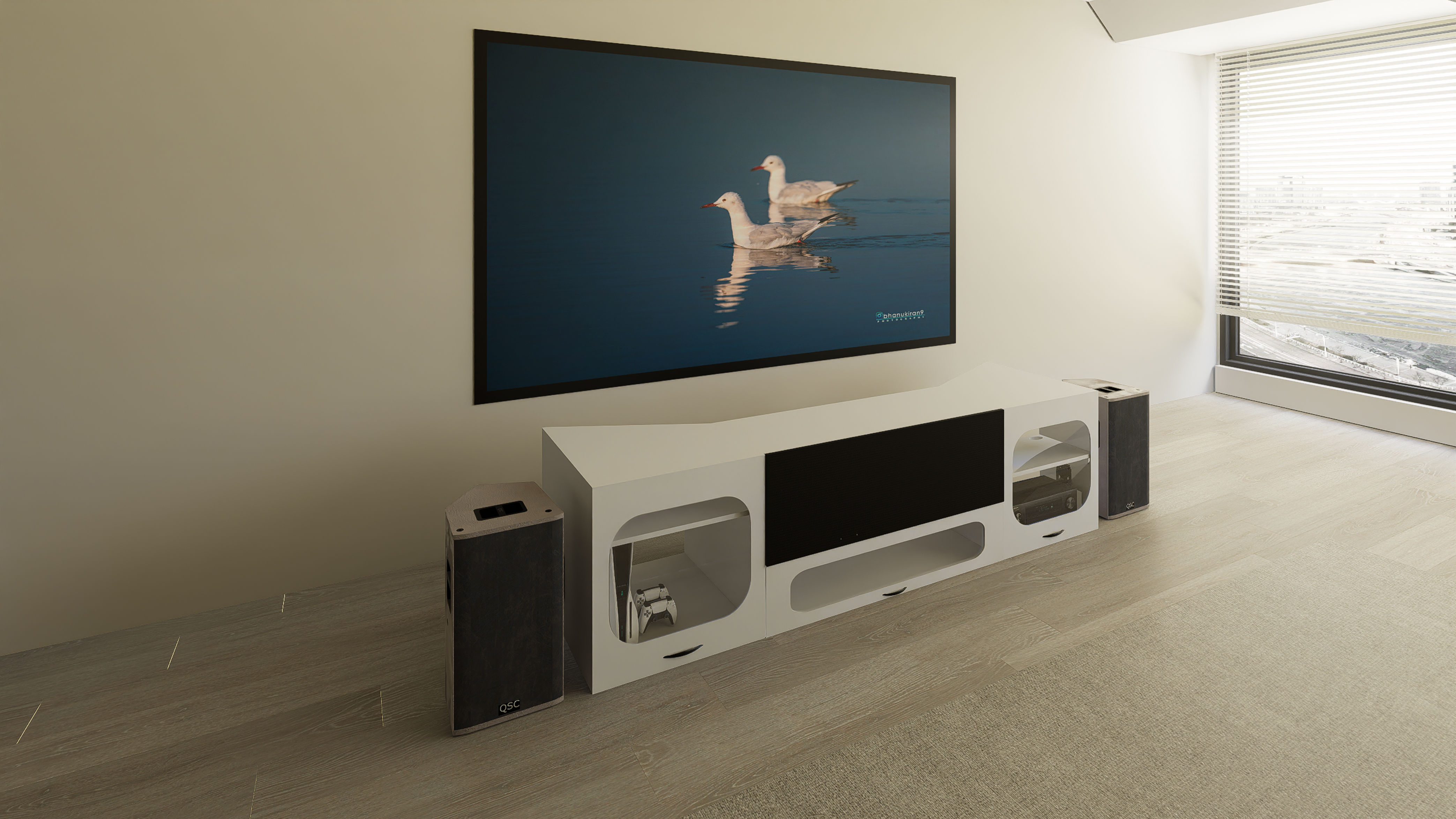 High Profile White Cabinet designed for integrating Ultra Short Throw Projector,Center Channel and Fixed screen with elegant doors.