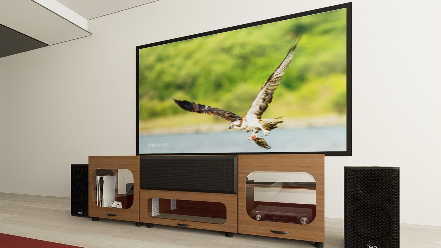 High Profile Sierra walnut Cabinet designed for integrating Ultra Short Throw Projector,Center Channel and Fixed screen with elegant doors.