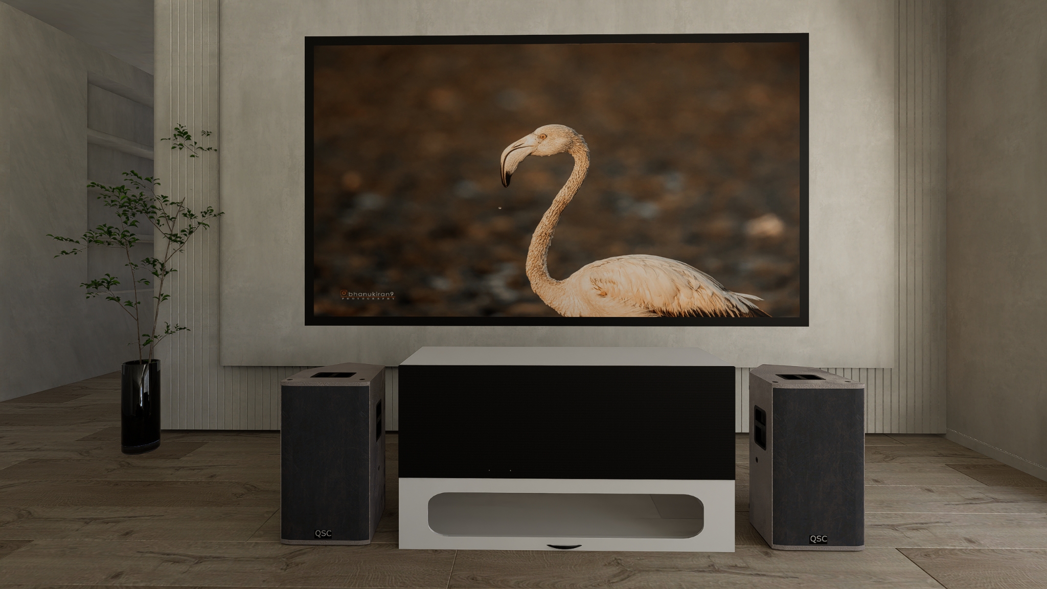 High Profile Core White Cabinet designed for integrating Ultra Short Throw Projector,Center Channel and Fixed screen with elegant doors.