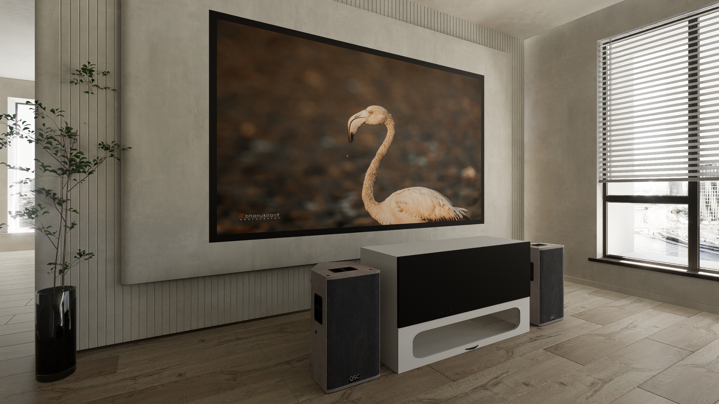 High Profile Core White Cabinet designed for integrating Ultra Short Throw Projector,Center Channel and Fixed screen with elegant doors.