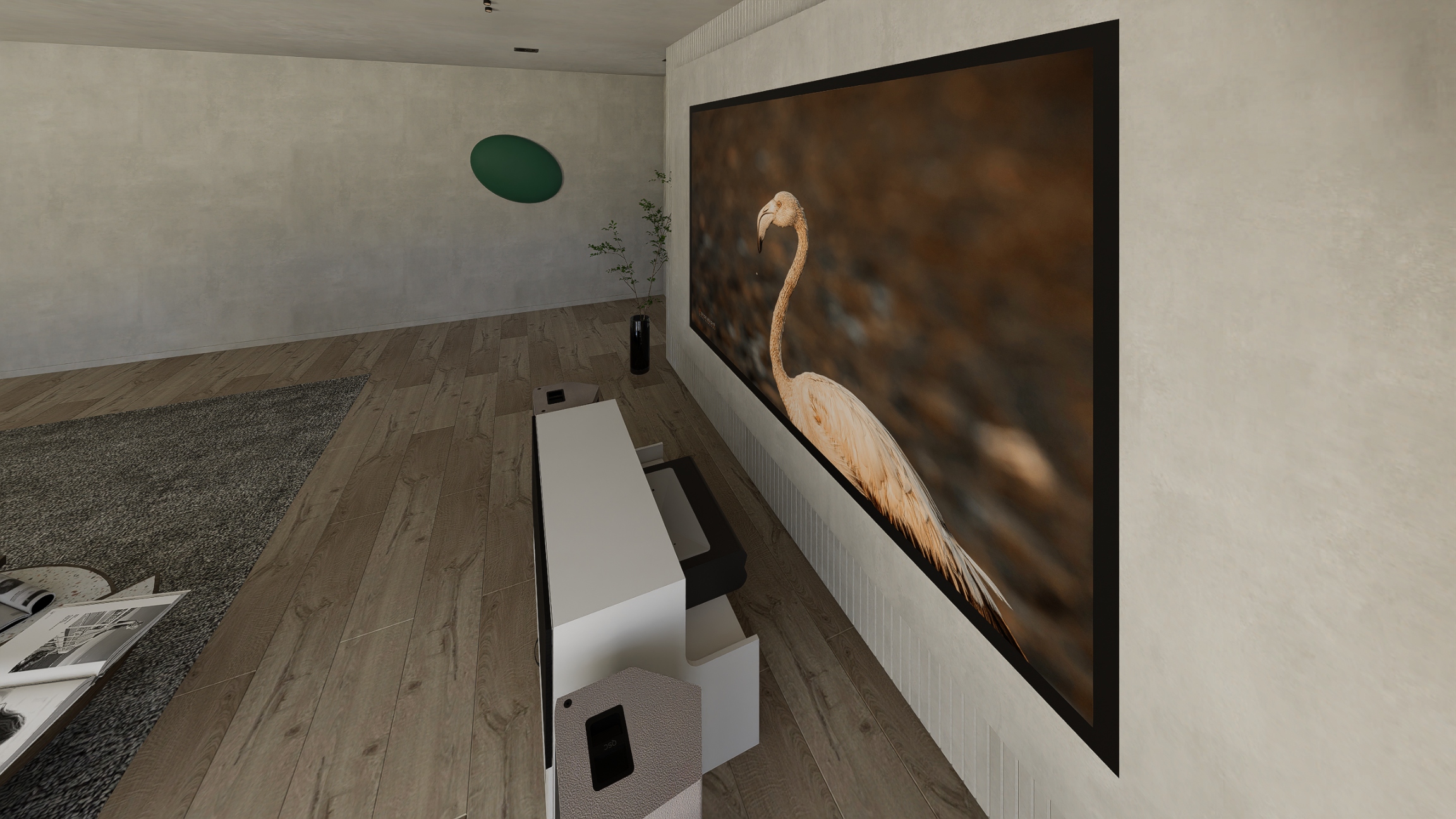 High Profile Core White Cabinet designed for integrating Ultra Short Throw Projector,Center Channel and Fixed screen with elegant doors.