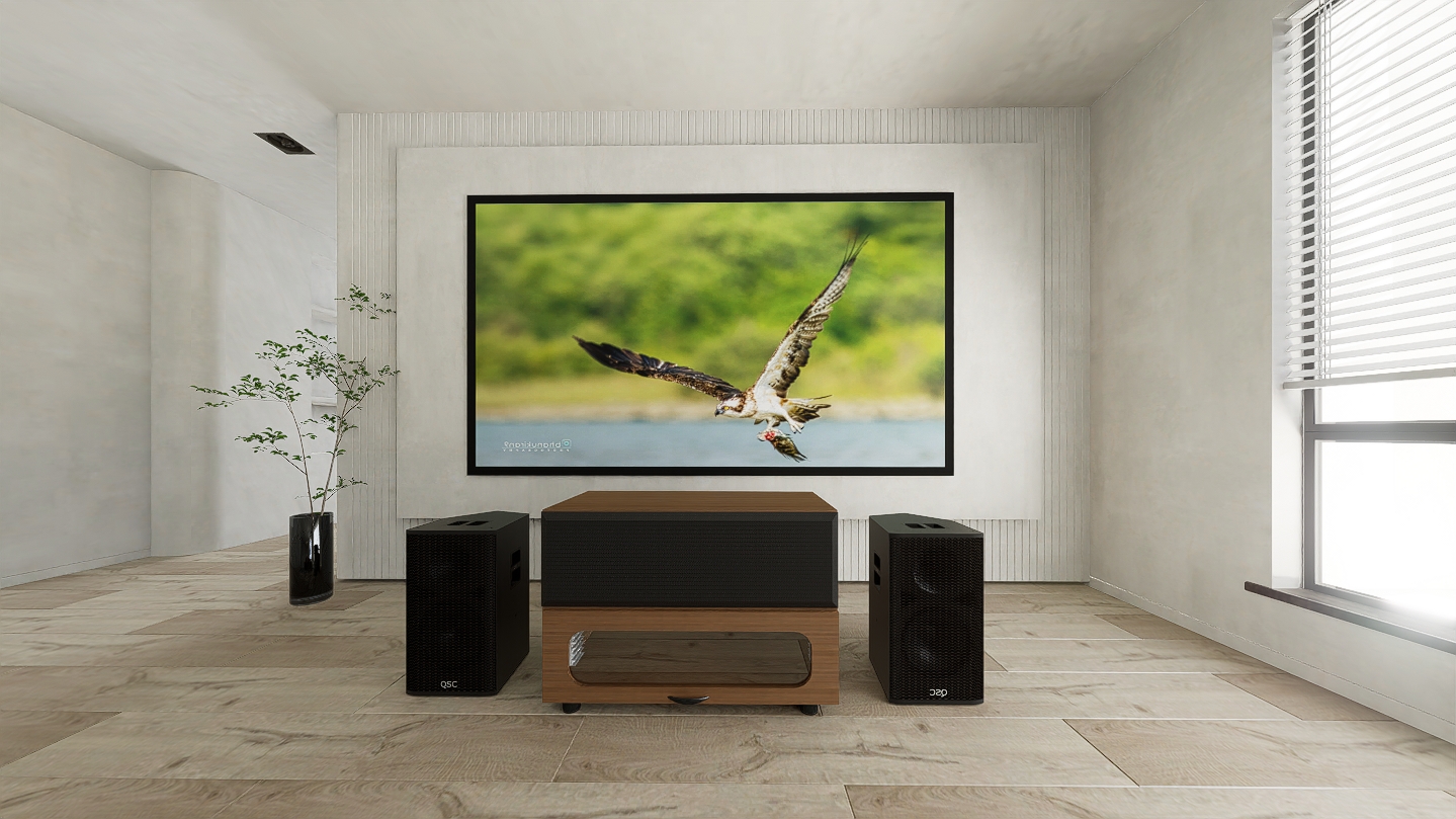 High Profile Core Sierra walnut Cabinet designed for integrating Ultra Short Throw Projector,Center Channel and Fixed screen with elegant doors.