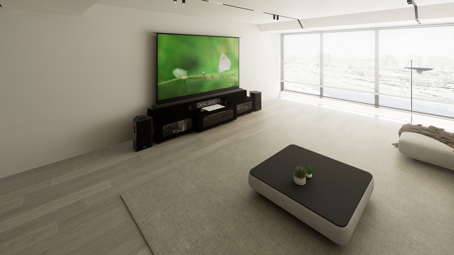 High Profile Black Cabinet designed for integrating Ultra Short Throw Projector,Center Channel and Floor raising screen with elegant doors.