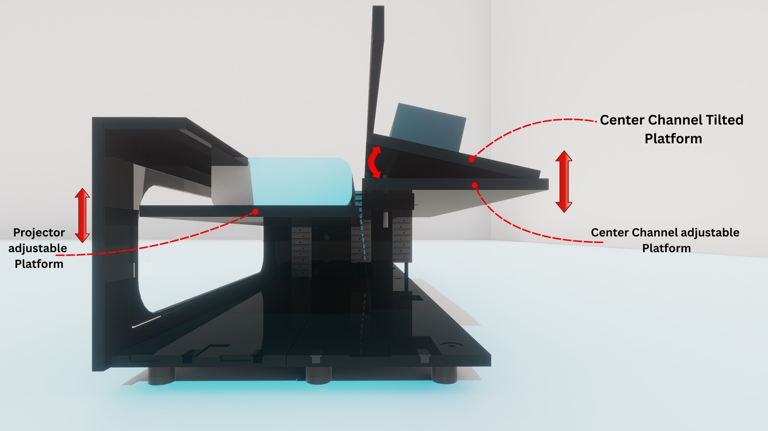 High Profile Black Cabinet designed for integrating Ultra Short Throw Projector,Center Channel and Floor raising screen with elegant doors.