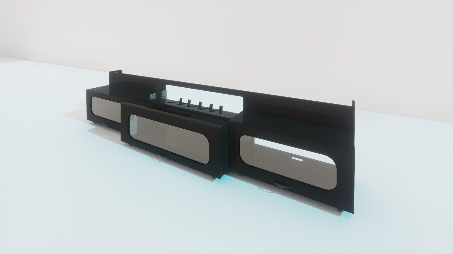 High Profile Black Cabinet designed for integrating Ultra Short Throw Projector,Center Channel and Floor raising screen with elegant doors.