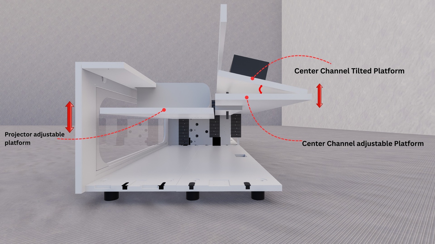 High Profile White Cabinet designed for integrating Ultra Short Throw Projector,Center Channel and Floor raising screen with elegant doors.