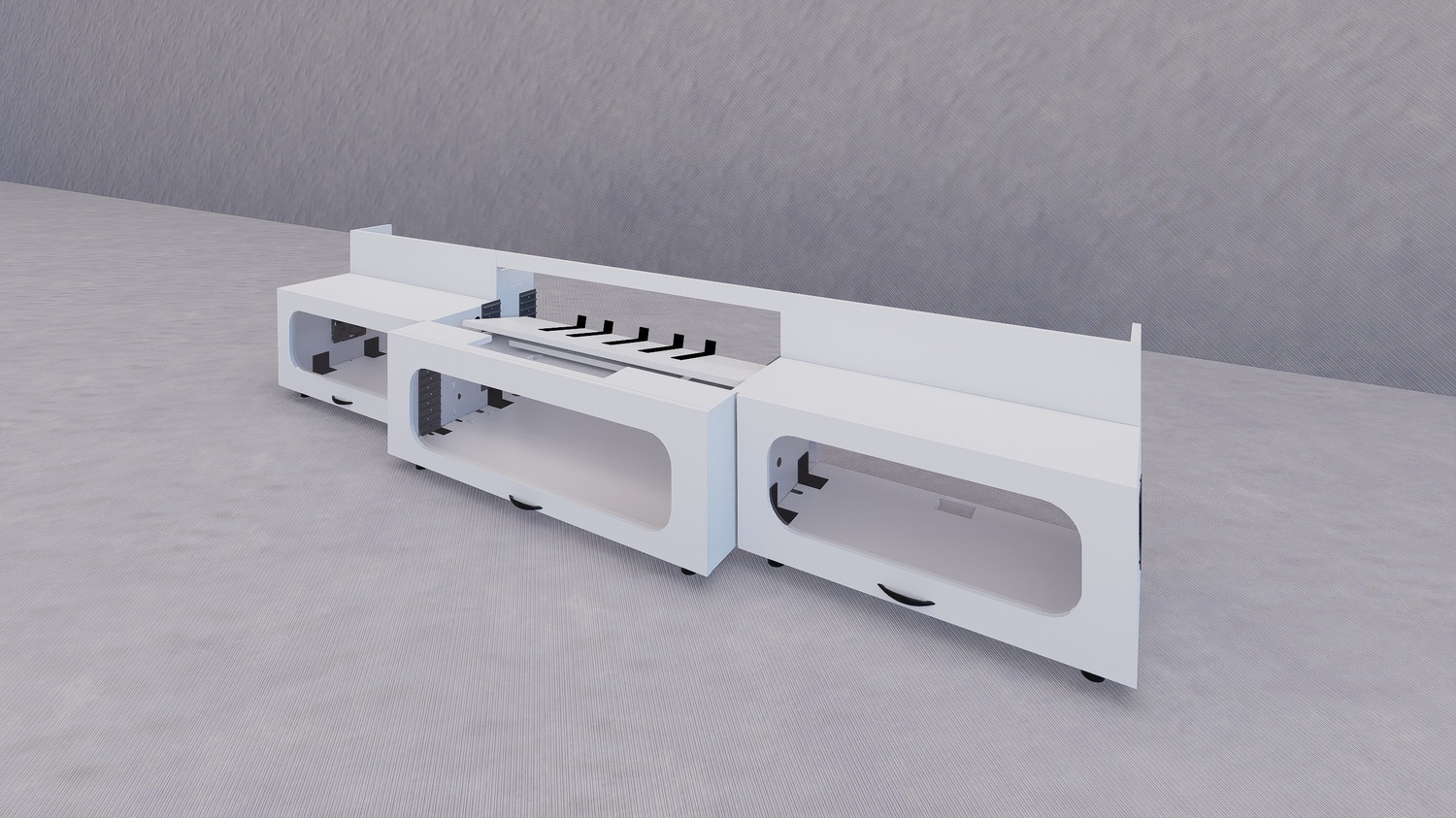 High Profile White Cabinet designed for integrating Ultra Short Throw Projector,Center Channel and Floor raising screen with elegant doors.