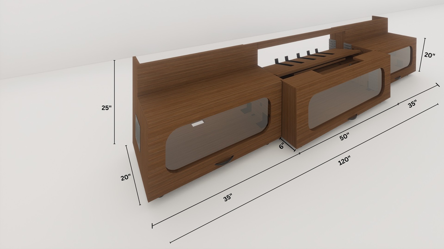 High Profile Sierra walnut Cabinet designed for integrating Ultra Short Throw Projector,Center Channel and Floor raising screen with elegant doors.
