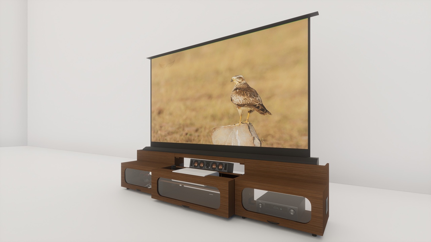 High Profile Sierra walnut Cabinet designed for integrating Ultra Short Throw Projector,Center Channel and Floor raising screen with elegant doors.