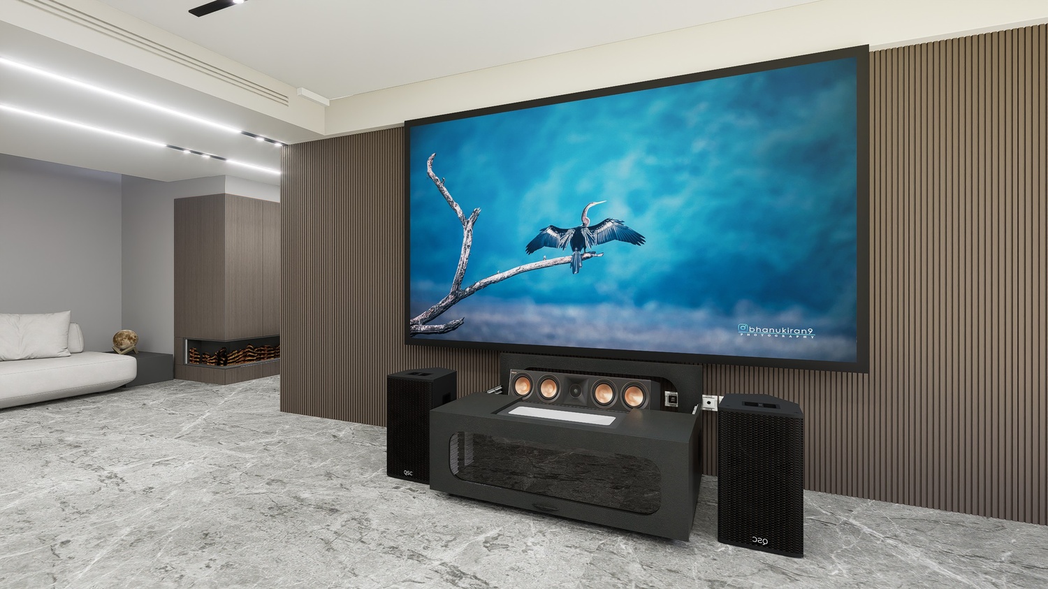 High Profile Core Black Cabinet designed for integrating Ultra Short Throw Projector,Center Channel and Fixed screen with elegant doors.