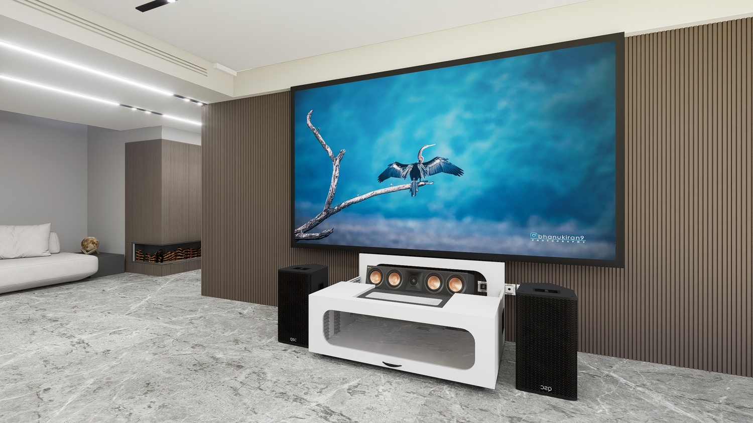 High Profile Core White Cabinet designed for integrating Ultra Short Throw Projector,Center Channel and Fixed screen with elegant doors.