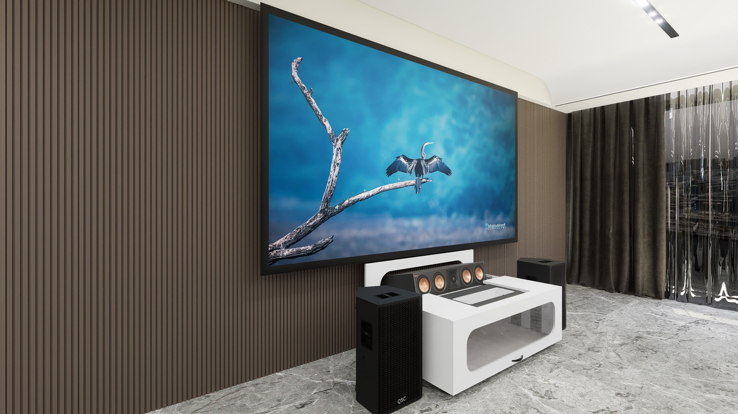 High Profile Core White Cabinet designed for integrating Ultra Short Throw Projector,Center Channel and Fixed screen with elegant doors.