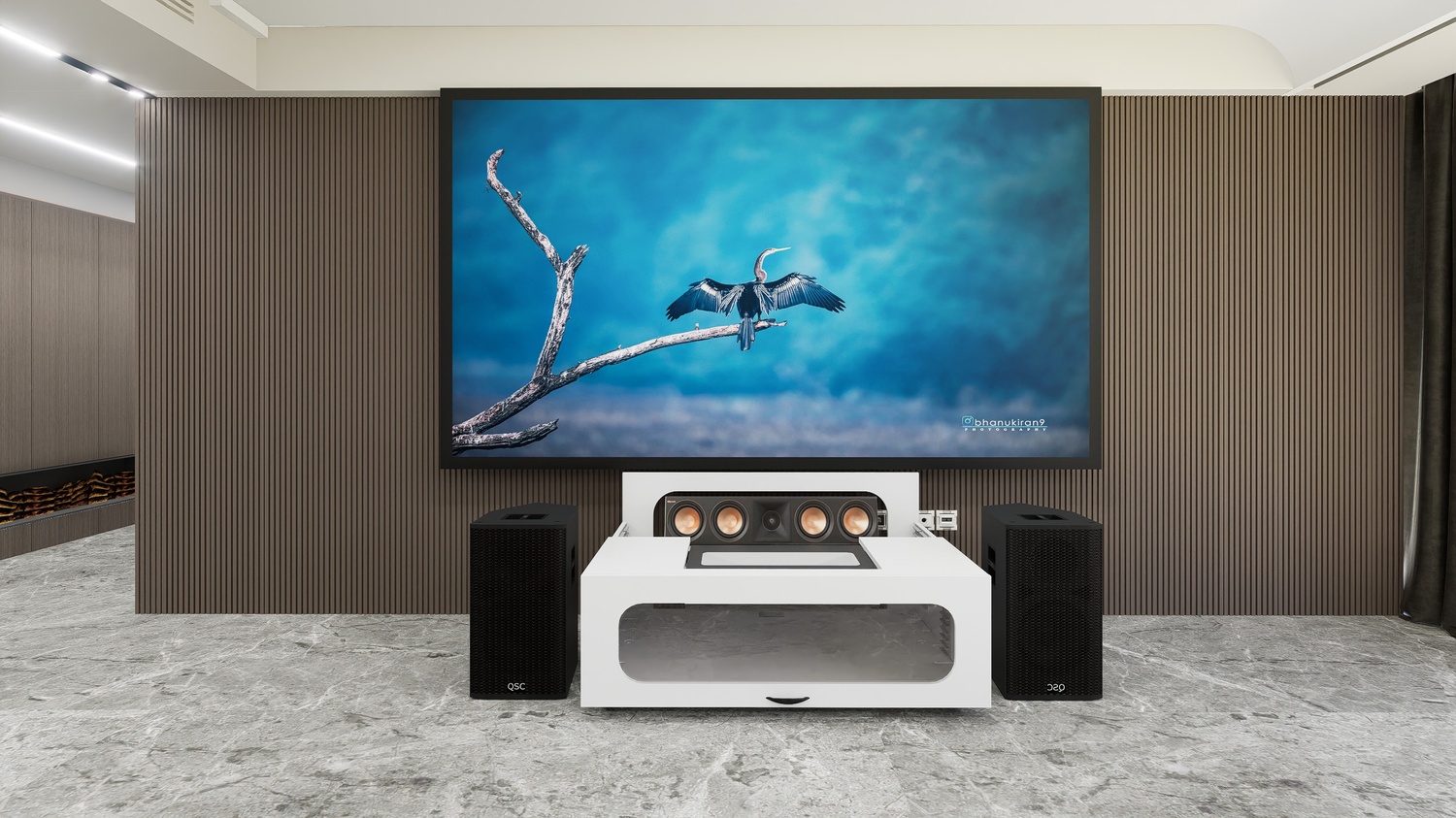High Profile Core White Cabinet designed for integrating Ultra Short Throw Projector,Center Channel and Fixed screen with elegant doors.