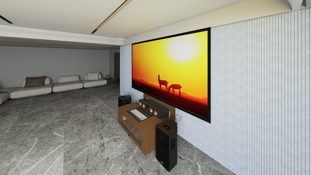 High Profile Core Sierra walnut Cabinet designed for integrating Ultra Short Throw Projector,Center Channel and Fixed screen with elegant doors.