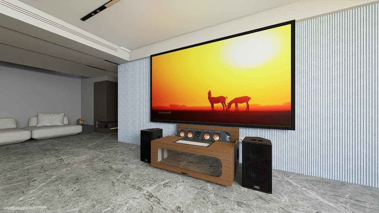 High Profile Core Sierra walnut Cabinet designed for integrating Ultra Short Throw Projector,Center Channel and Fixed screen with elegant doors.