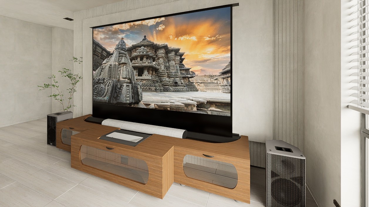 High Profile Sierra walnut Cabinet designed for integrating Ultra Short Throw Projector,Center Channel and 120" Floor raising screen with elegant doors.