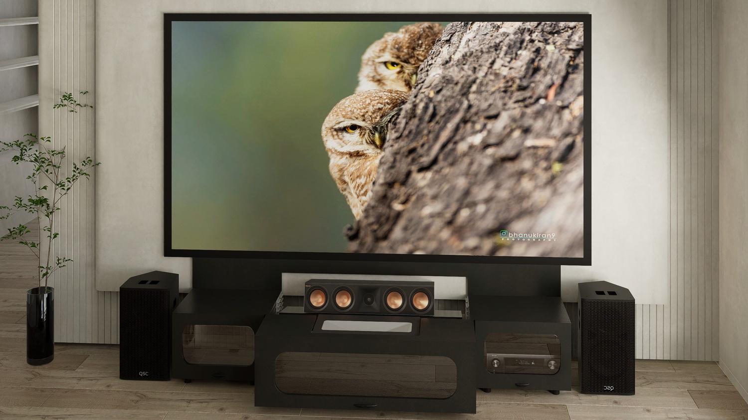 High Profile Black Cabinet designed for integrating Ultra Short Throw Projector,Center Channel and Fixed screen with elegant doors.