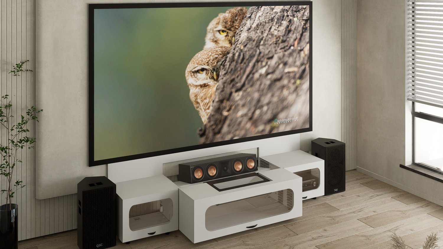 High Profile White Cabinet designed for integrating Ultra Short Throw Projector,Center Channel and Fixed screen with elegant doors.