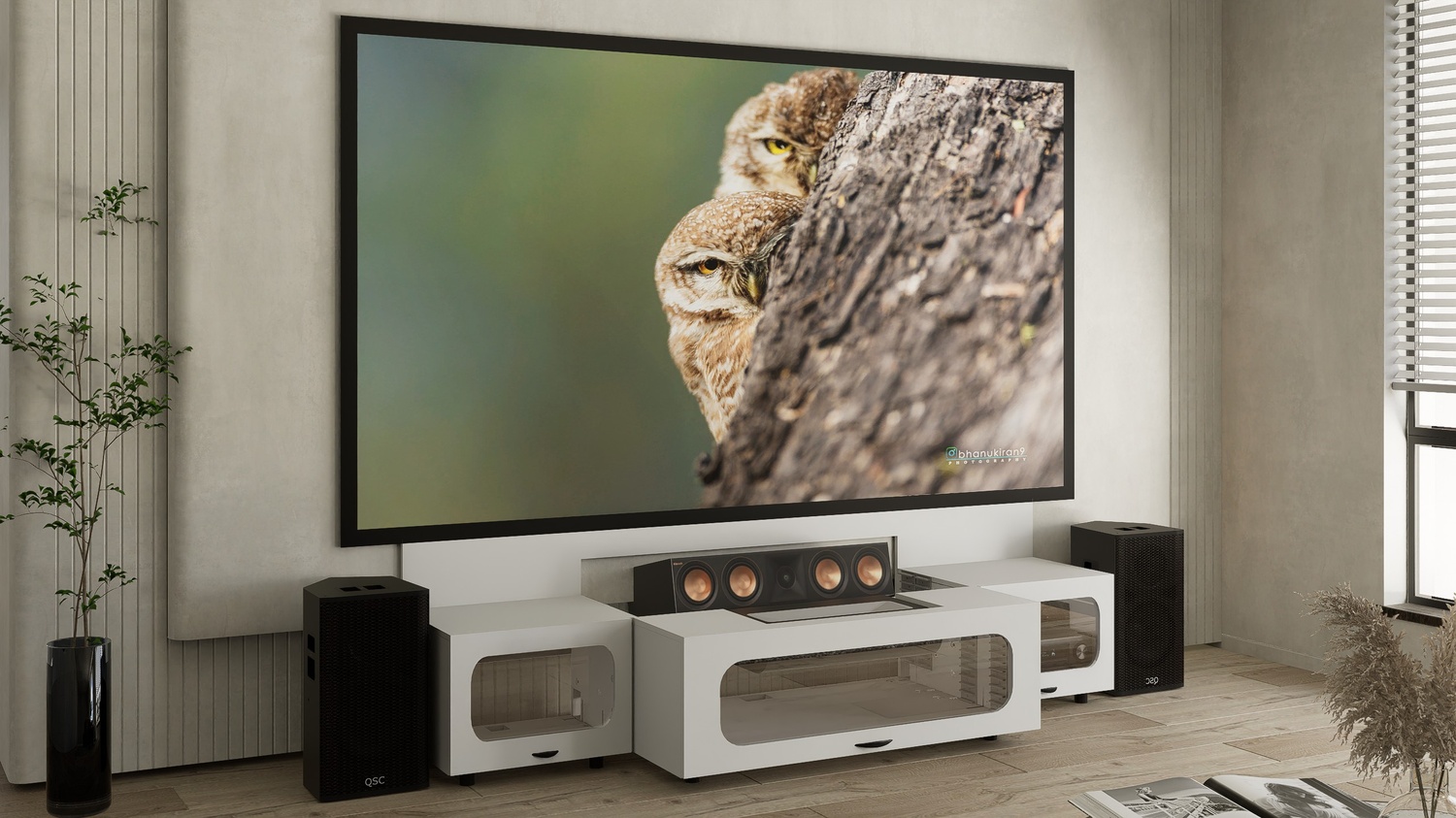 High Profile White Cabinet designed for integrating Ultra Short Throw Projector,Center Channel and Fixed screen with elegant doors.