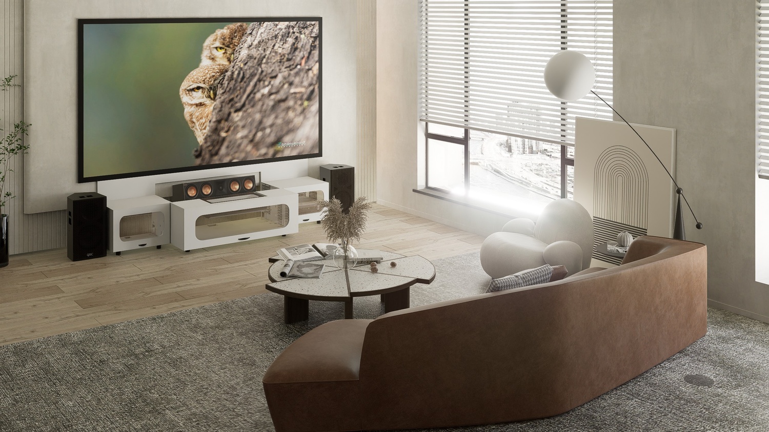 High Profile White Cabinet designed for integrating Ultra Short Throw Projector,Center Channel and Fixed screen with elegant doors.