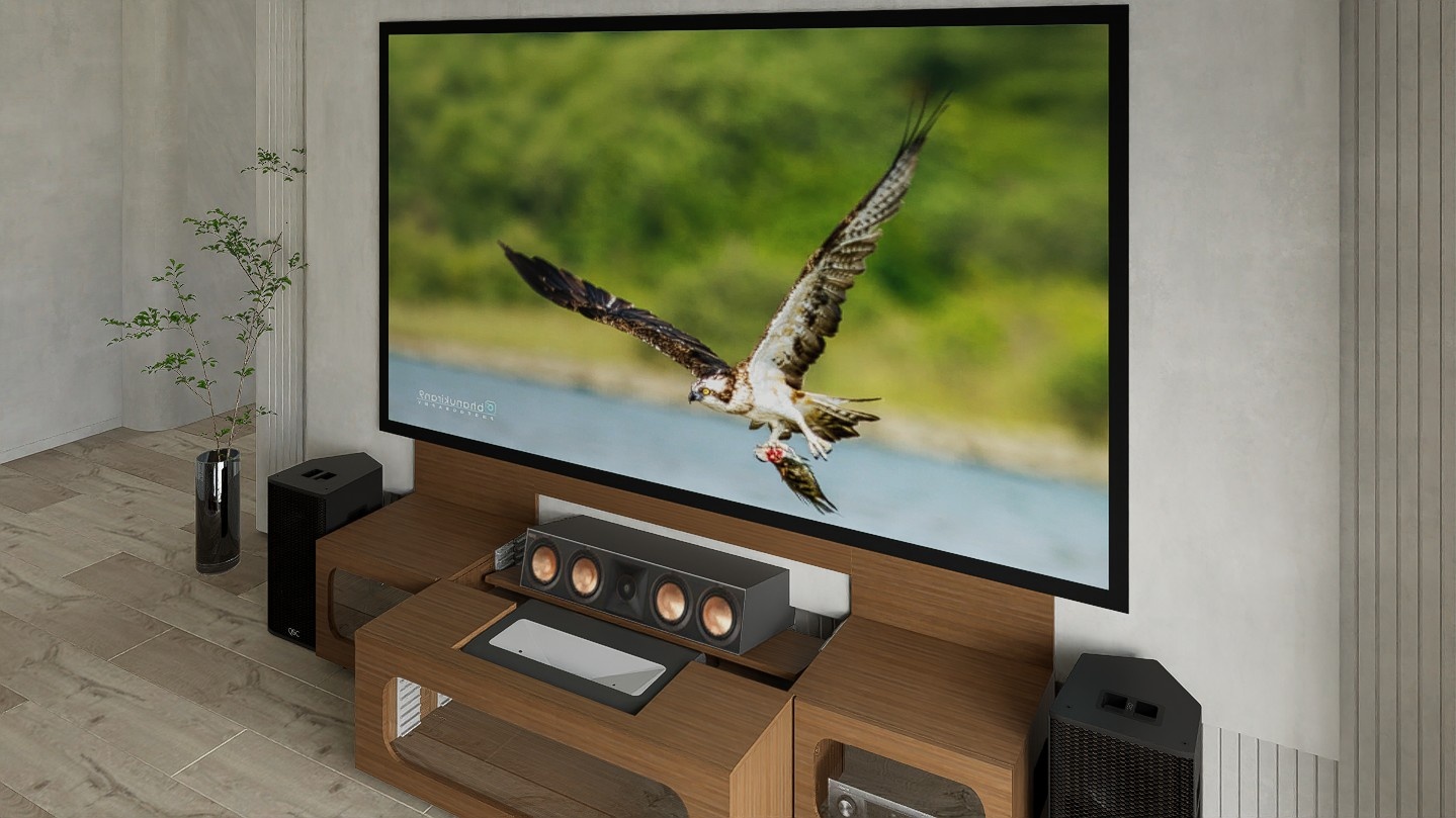 High Profile Sierra walnut Cabinet designed for integrating Ultra Short Throw Projector,Center Channel and 120”-132" Fixed screen with elegant doors.