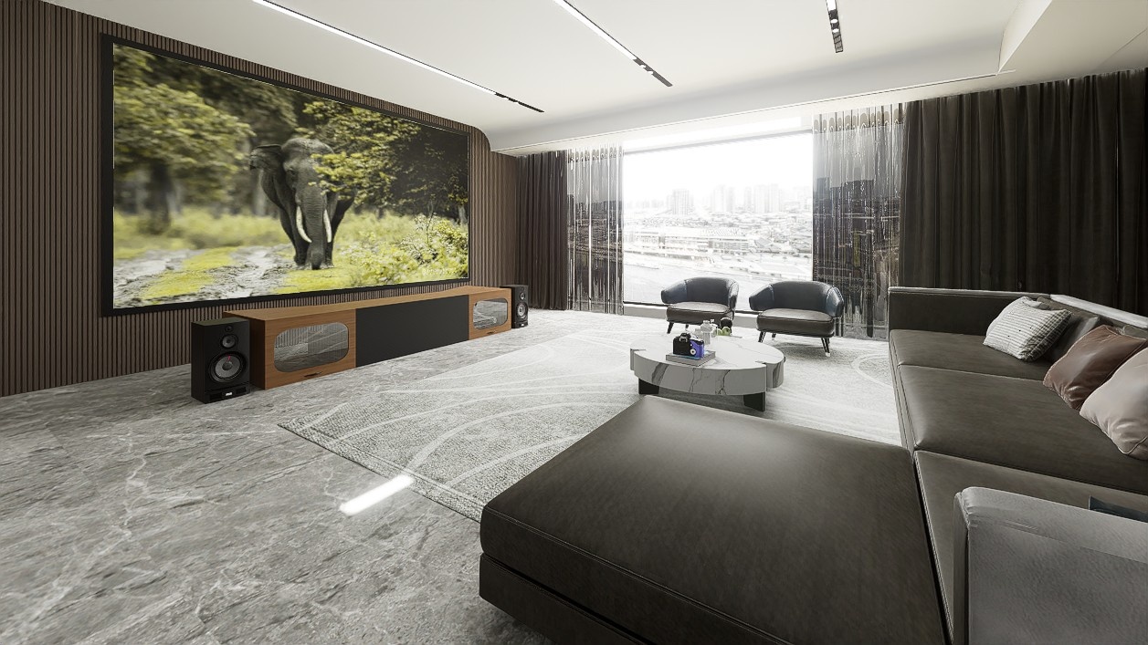 Low Profile Sierra walnut Cabinet designed for integrating Ultra Short Throw Projector,Center Channel and Fixed screen with elegant doors.