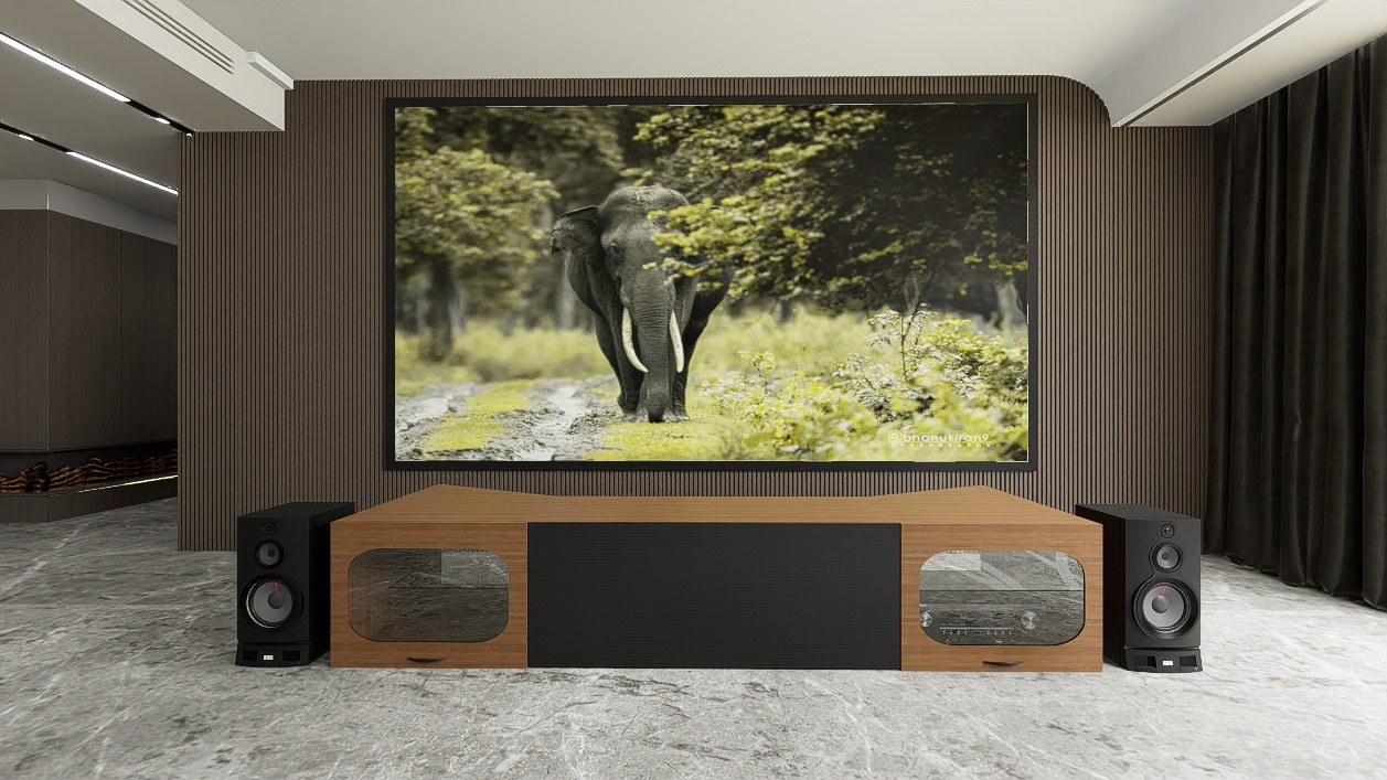 Low Profile Sierra walnut Cabinet designed for integrating Ultra Short Throw Projector,Center Channel and Fixed screen with elegant doors.