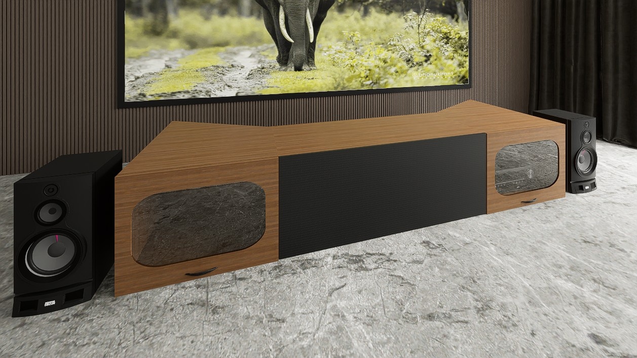 Low Profile Sierra walnut Cabinet designed for integrating Ultra Short Throw Projector,Center Channel and Fixed screen with elegant doors.