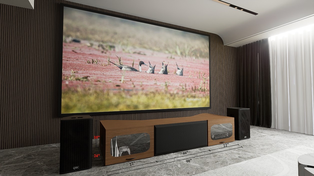 High Profile Sierra walnut Cabinet designed for integrating Ultra Short Throw Projector,Center Channel and Fixed screen with elegant doors.