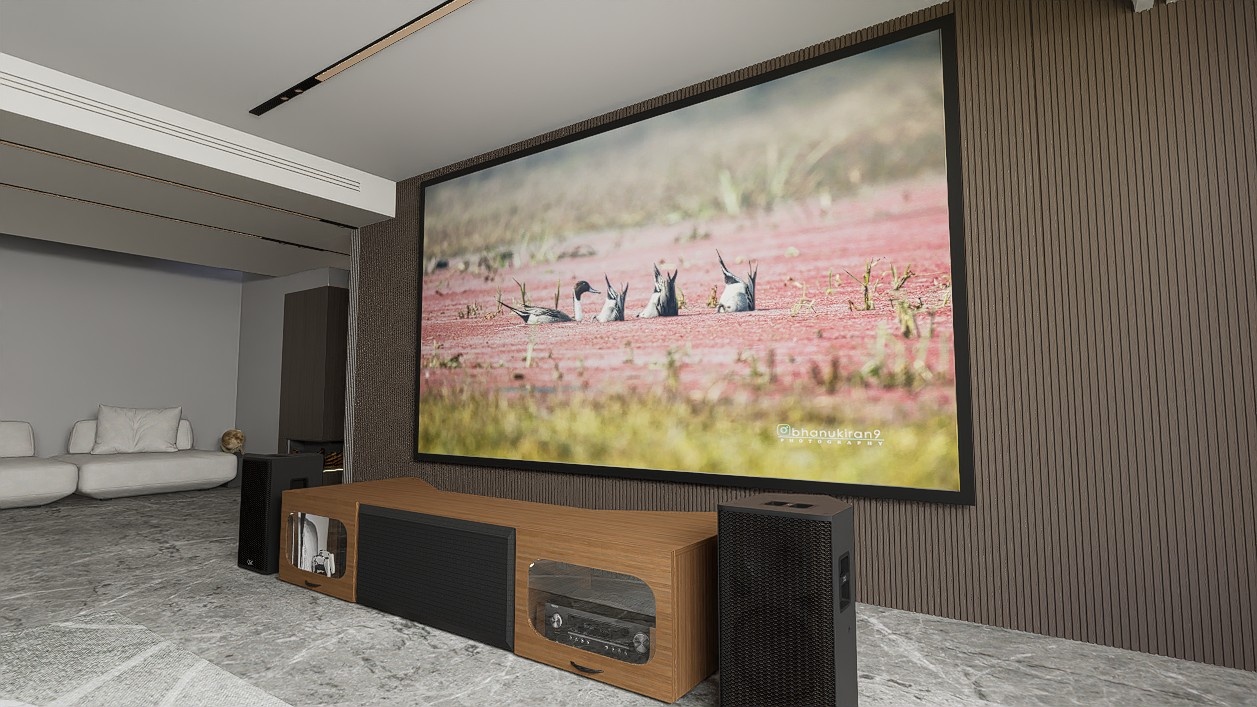 High Profile Sierra walnut Cabinet designed for integrating Ultra Short Throw Projector,Center Channel and Fixed screen with elegant doors.