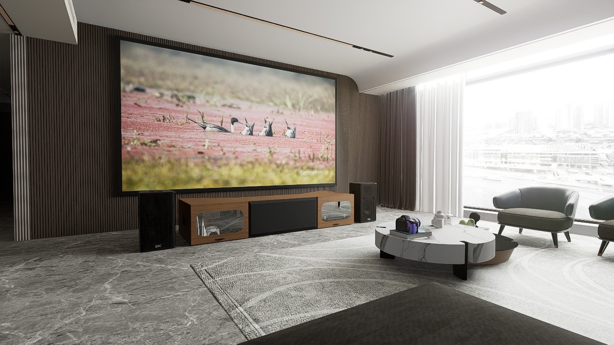 High Profile Sierra walnut Cabinet designed for integrating Ultra Short Throw Projector,Center Channel and Fixed screen with elegant doors.