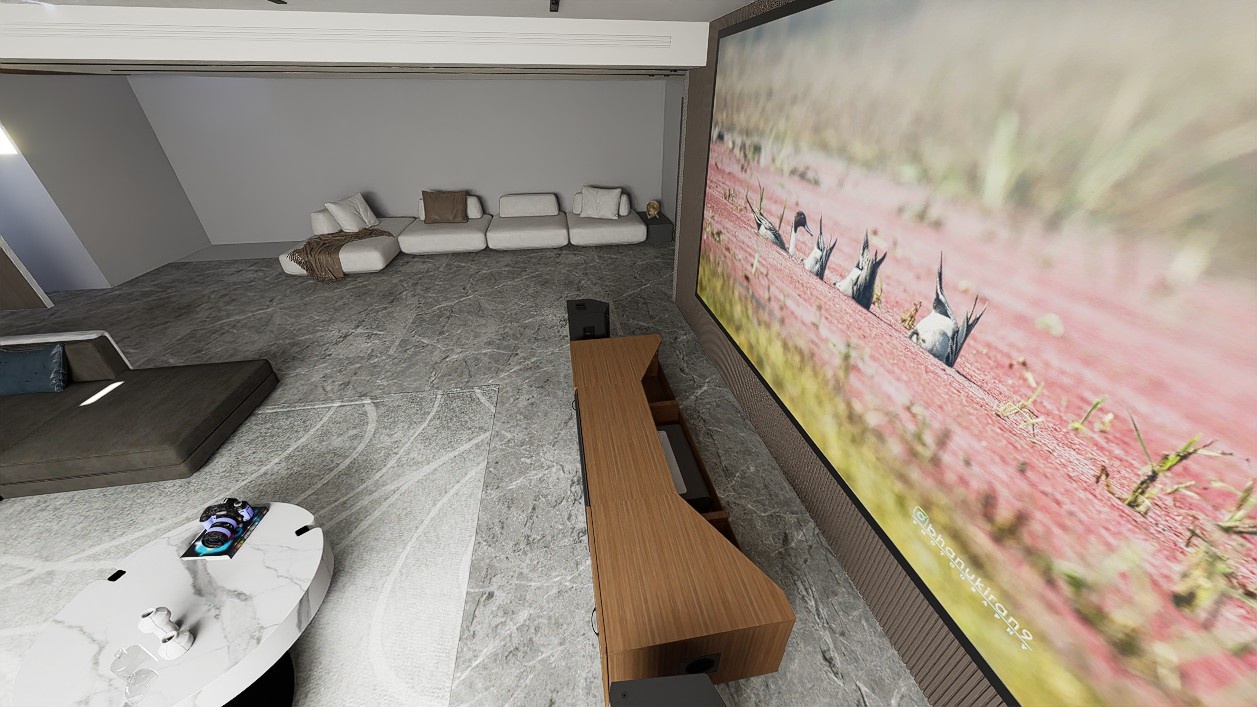 High Profile Sierra walnut Cabinet designed for integrating Ultra Short Throw Projector,Center Channel and Fixed screen with elegant doors.