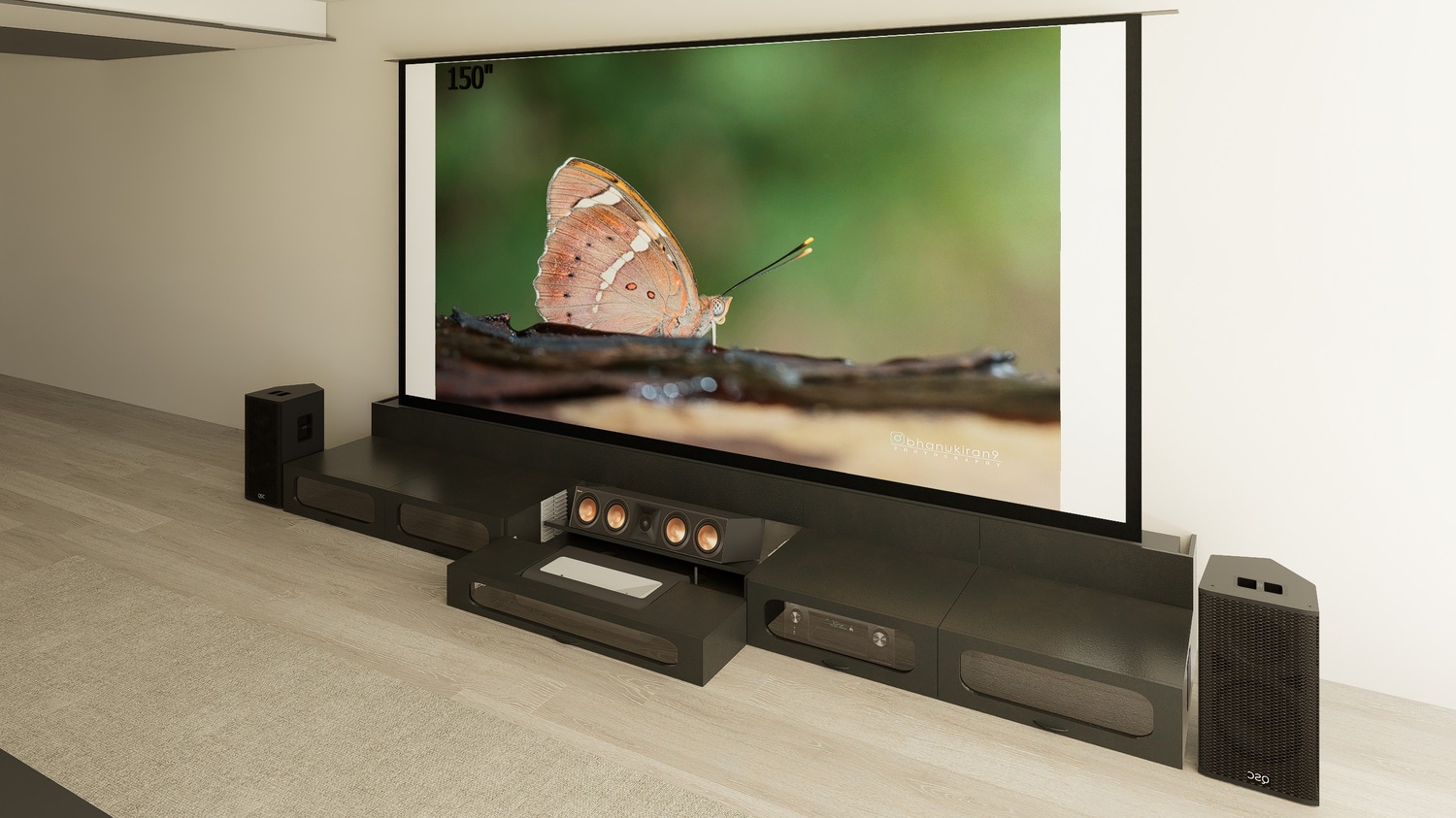 Ultra Low Profile Black Cabinet designed for integrating Ultra Short Throw Projector,Center Channel and 150" Floor raising screen with elegant doors.