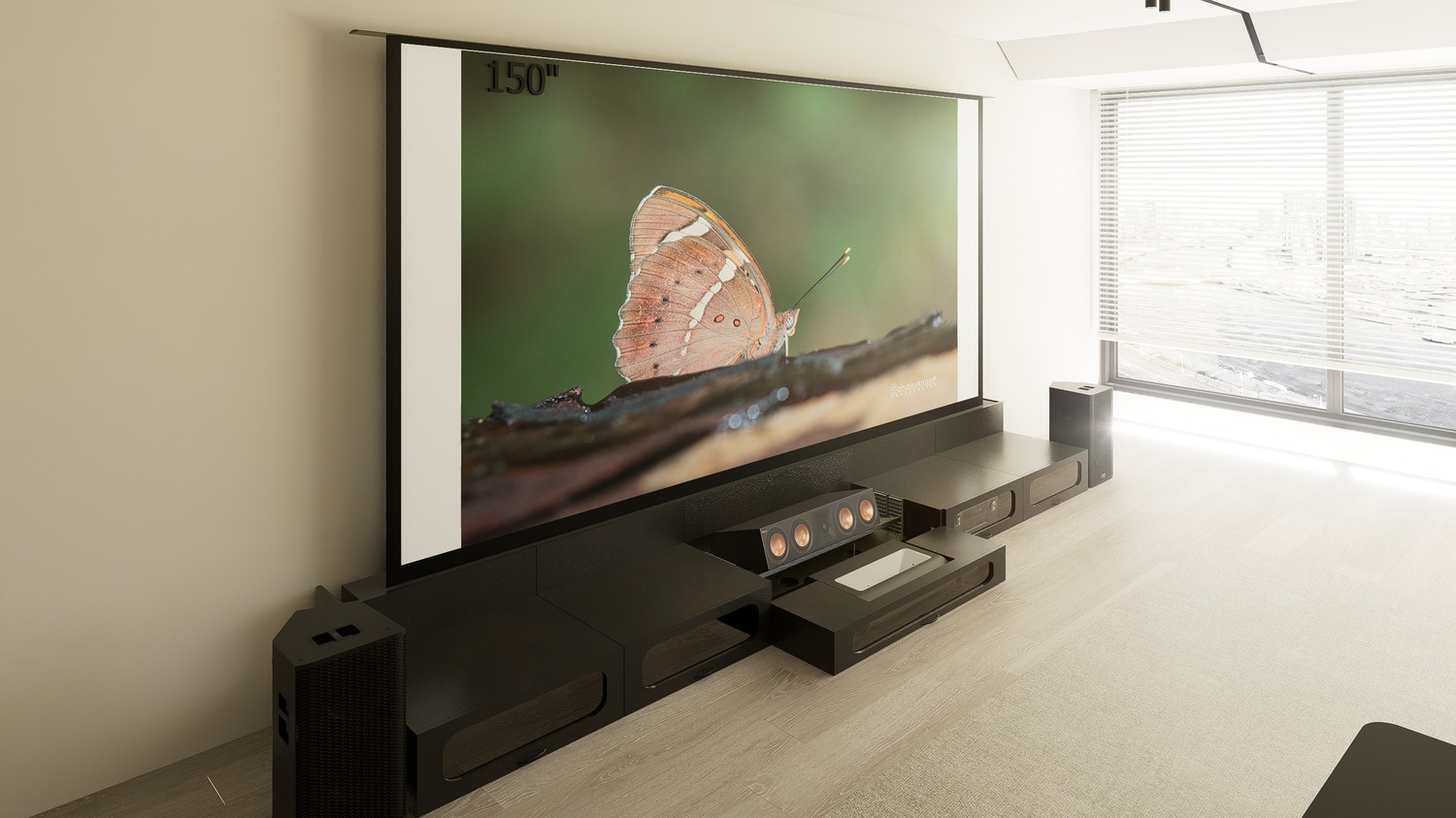 Ultra Low Profile Black Cabinet designed for integrating Ultra Short Throw Projector,Center Channel and 150" Floor raising screen with elegant doors.