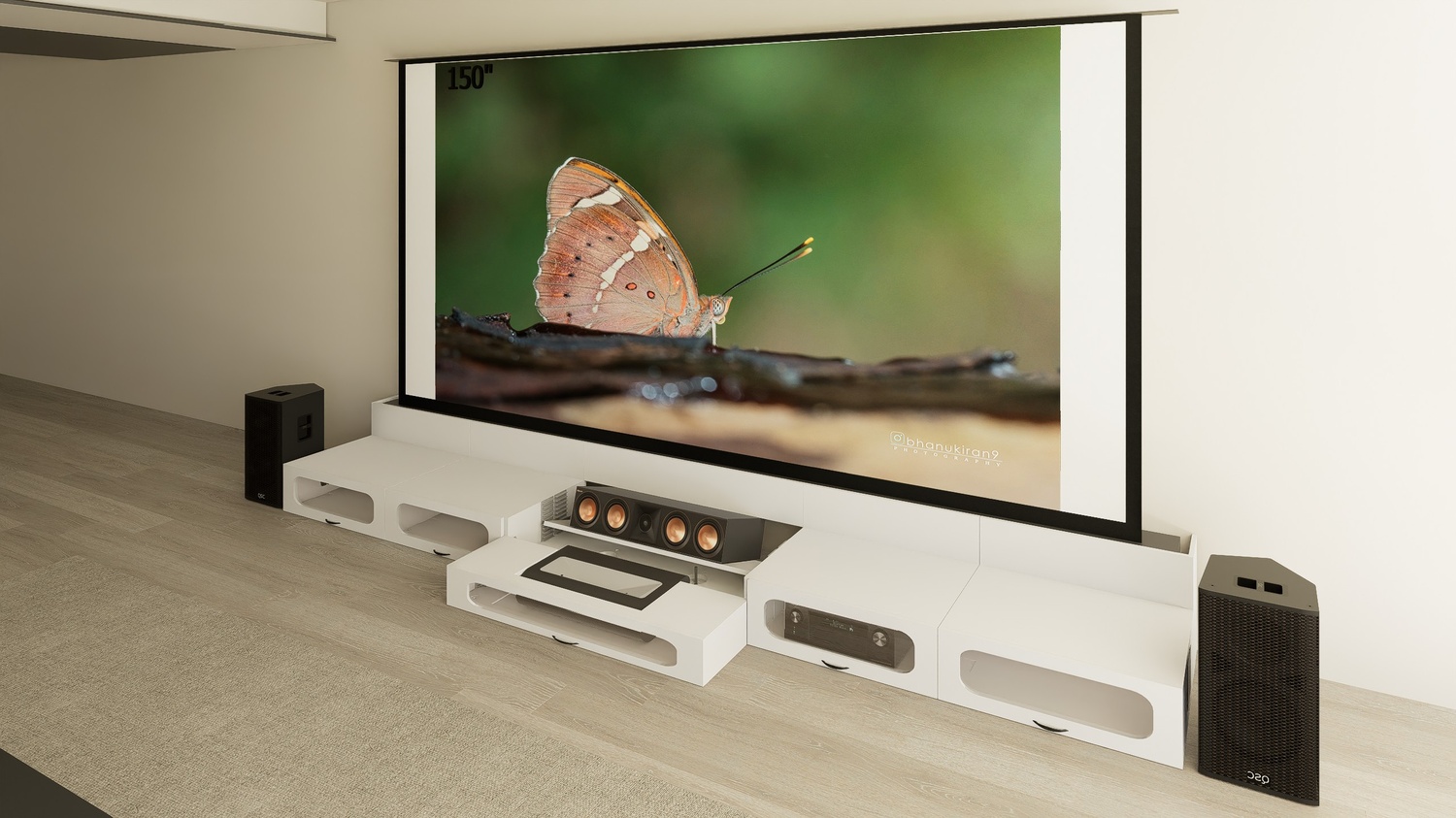 Ultra Low Profile White Cabinet designed for integrating Ultra Short Throw Projector,Center Channel and 150" Floor raising screen with elegant doors.