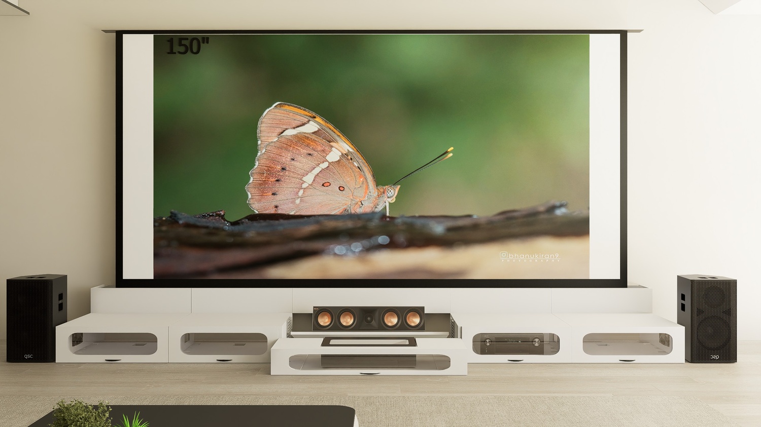 Ultra Low Profile White Cabinet designed for integrating Ultra Short Throw Projector,Center Channel and 150" Floor raising screen with elegant doors.