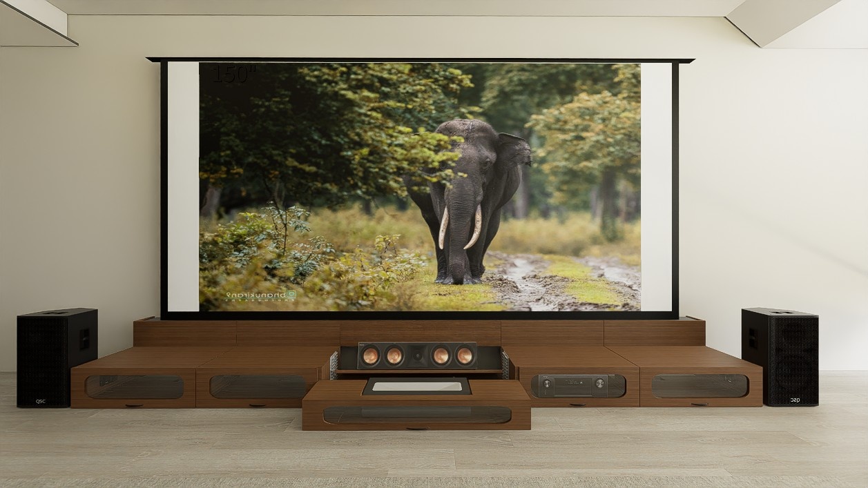 Ultra Low Profile Sierra walnut Cabinet designed for integrating Ultra Short Throw Projector,Center Channel and 150" Floor raising screen with elegant doors.