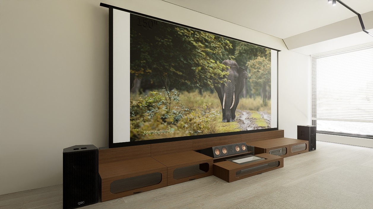 Ultra Low Profile Sierra walnut Cabinet designed for integrating Ultra Short Throw Projector,Center Channel and 150" Floor raising screen with elegant doors.