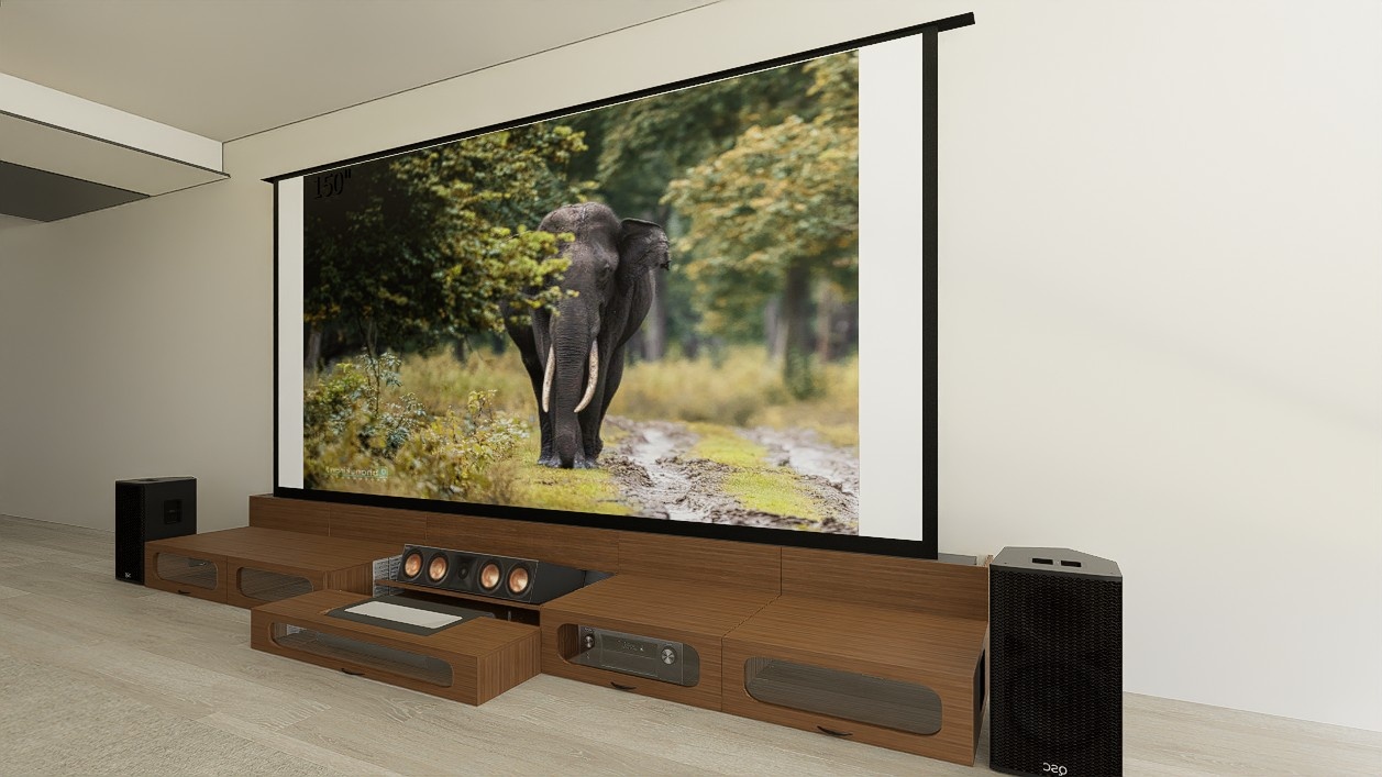 Ultra Low Profile Sierra walnut Cabinet designed for integrating Ultra Short Throw Projector,Center Channel and 150" Floor raising screen with elegant doors.