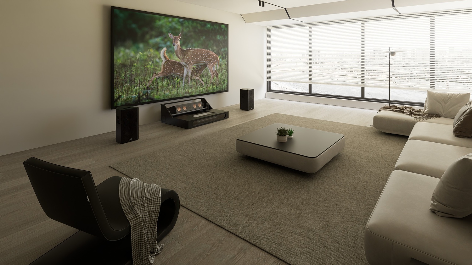 Ultra Low Profile Core Black Cabinet designed for integrating Ultra Short Throw Projector,Center Channel and Fixed screen with elegant doors.