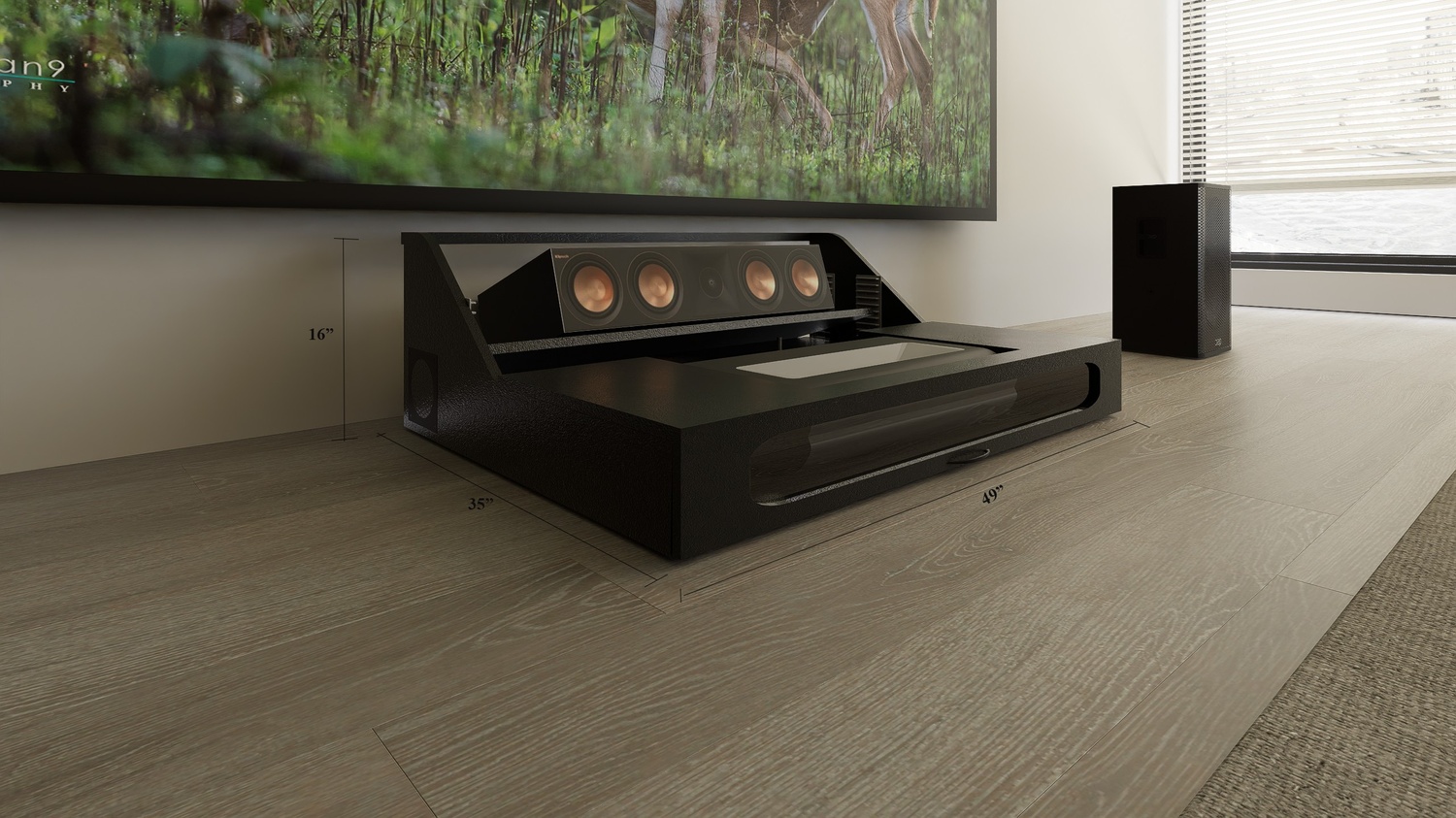 Ultra Low Profile Core Black Cabinet designed for integrating Ultra Short Throw Projector,Center Channel and Fixed screen with elegant doors.
