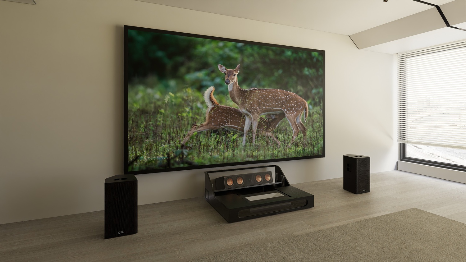 Ultra Low Profile Core Black Cabinet designed for integrating Ultra Short Throw Projector,Center Channel and Fixed screen with elegant doors.