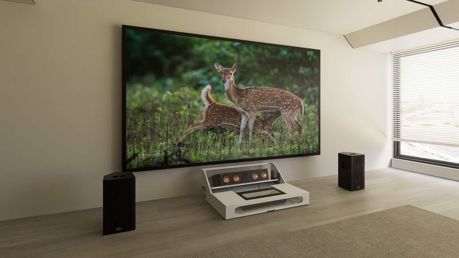 Ultra Low Profile Core White Cabinet designed for integrating Ultra Short Throw Projector,Center Channel and Fixed screen with elegant doors.